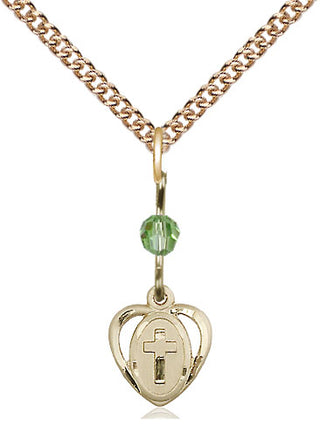 14kt Gold Filled Heart Cross Medal | Peridot bead Religious and Catholic Jewelry Engraved Catholic Saint Jewelry