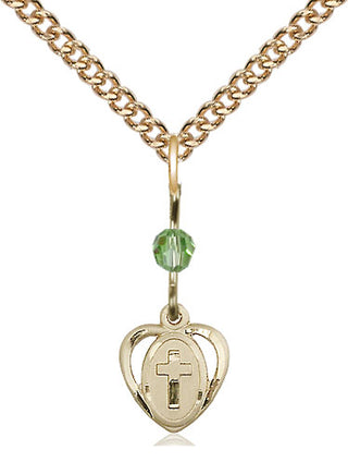 14kt Gold Filled Heart Cross Medal | Peridot bead Religious and Catholic Jewelry Engraved Catholic Saint Jewelry