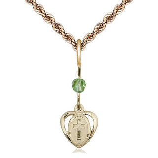 14kt Gold Filled Heart Cross Medal | Peridot bead Religious and Catholic Jewelry Engraved Catholic Saint Jewelry