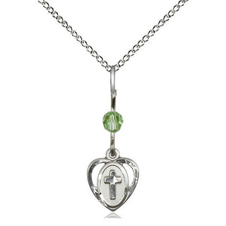 Sterling Silver Heart Cross Medal | Peridot bead Religious and Catholic Jewelry Engraved Catholic Saint Jewelry