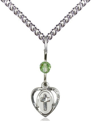 Sterling Silver Heart Cross Medal | Peridot bead Religious and Catholic Jewelry Engraved Catholic Saint Jewelry