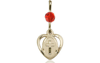 14kt Gold Filled Heart Cross Medal with a Ruby bead Engraved Catholic Saint Jewelry