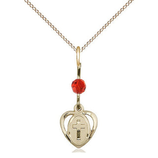 14kt Gold Filled Heart Cross Medal | Ruby bead Religious and Catholic Jewelry Engraved Catholic Saint Jewelry