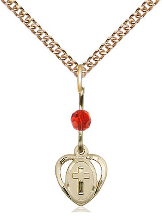 14kt Gold Filled Heart Cross Medal | Ruby bead Religious and Catholic Jewelry Engraved Catholic Saint Jewelry