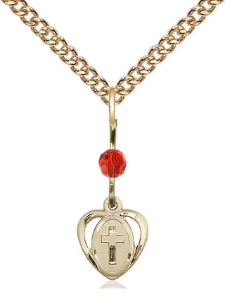 14kt Gold Filled Heart Cross Medal | Ruby bead Religious and Catholic Jewelry Engraved Catholic Saint Jewelry