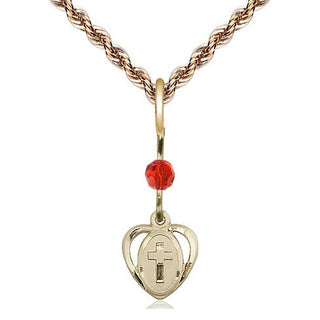 14kt Gold Heart Cross Medal with a Ruby bead Engraved Catholic Saint Jewelry