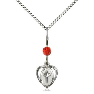 Sterling Silver Heart Cross Medal | Ruby bead Religious and Catholic Jewelry Engraved Catholic Saint Jewelry