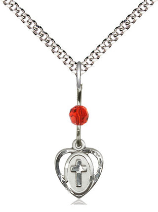 Sterling Silver Heart Cross Medal | Ruby bead Religious and Catholic Jewelry Engraved Catholic Saint Jewelry