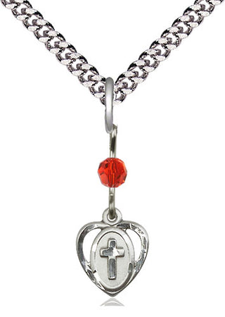 Sterling Silver Heart Cross Medal | Ruby bead Religious and Catholic Jewelry Engraved Catholic Saint Jewelry