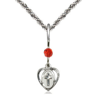 Sterling Silver Heart Cross Medal | Ruby bead Religious and Catholic Jewelry Engraved Catholic Saint Jewelry