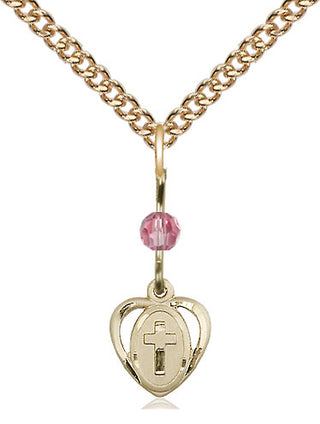 14kt Gold Heart Cross Medal with a Rose bead Engraved Catholic Saint Jewelry