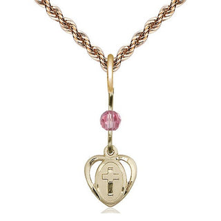 14kt Gold Heart Cross Medal with a Rose bead Engraved Catholic Saint Jewelry