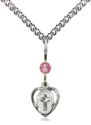 Sterling Silver Heart Cross Medal | Rose bead Religious and Catholic Jewelry Engraved Catholic Saint Jewelry