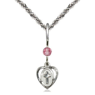 Sterling Silver Heart Cross Medal | Rose bead Religious and Catholic Jewelry Engraved Catholic Saint Jewelry