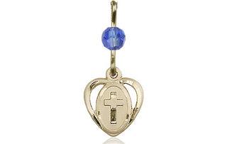 14kt Gold Filled Heart Cross Medal with a Sapphire bead Engraved Catholic Saint Jewelry