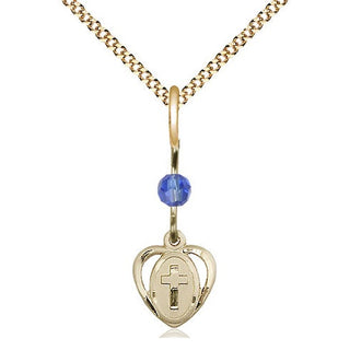 14kt Gold Filled Heart Cross Medal | Sapphire bead Religious and Catholic Jewelry Engraved Catholic Saint Jewelry