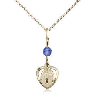 14kt Gold Filled Heart Cross Medal | Sapphire bead Religious and Catholic Jewelry Engraved Catholic Saint Jewelry