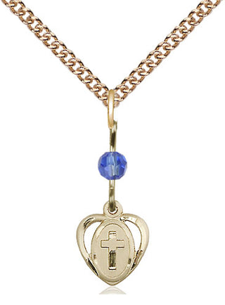 14kt Gold Filled Heart Cross Medal | Sapphire bead Religious and Catholic Jewelry Engraved Catholic Saint Jewelry