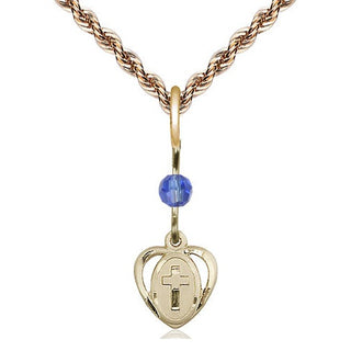 14kt Gold Filled Heart Cross Medal | Sapphire bead Religious and Catholic Jewelry Engraved Catholic Saint Jewelry