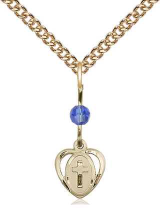 14kt Gold Heart Cross Medal with a Sapphire bead Engraved Catholic Saint Jewelry