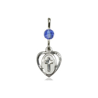 Sterling Silver Heart Cross Medal with a Sapphire bead Engraved Catholic Saint Jewelry