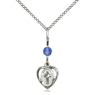 Sterling Silver Heart Cross Medal | Sapphire bead Religious and Catholic Jewelry Engraved Catholic Saint Jewelry