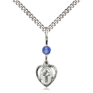 Sterling Silver Heart Cross Medal | Sapphire bead Religious and Catholic Jewelry Engraved Catholic Saint Jewelry