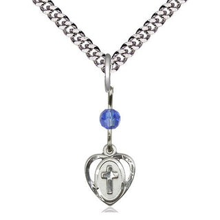 Sterling Silver Heart Cross Medal | Sapphire bead Religious and Catholic Jewelry Engraved Catholic Saint Jewelry