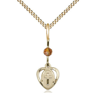 14kt Gold Filled Heart Cross Medal | Topaz bead Religious and Catholic Jewelry Engraved Catholic Saint Jewelry