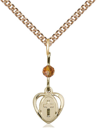 14kt Gold Filled Heart Cross Medal | Topaz bead Religious and Catholic Jewelry Engraved Catholic Saint Jewelry