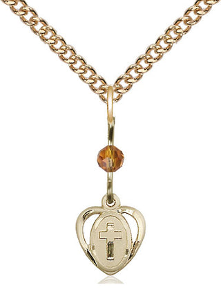 14kt Gold Filled Heart Cross Medal | Topaz bead Religious and Catholic Jewelry Engraved Catholic Saint Jewelry