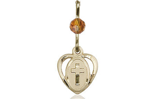 14kt Gold Heart Cross Medal with a Topaz bead Engraved Catholic Saint Jewelry