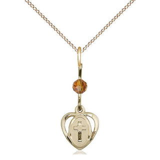 14kt Gold Heart Cross Medal with a Topaz bead Engraved Catholic Saint Jewelry