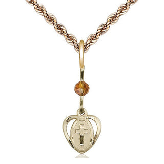 14kt Gold Heart Cross Medal with a Topaz bead Engraved Catholic Saint Jewelry