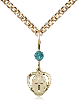 14kt Gold Heart Cross Medal with a Zircon bead Engraved Catholic Saint Jewelry