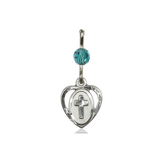 Sterling Silver Heart Cross Medal with a Zircon bead Engraved Catholic Saint Jewelry