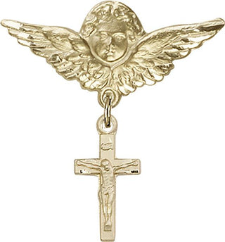 14kt Gold Filled Large Angel w/Wings Crucifix Baby Badge