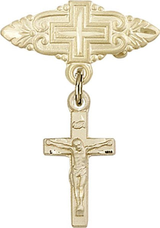 14kt Gold Badge Pin With Cross Crucifix Baby Badge