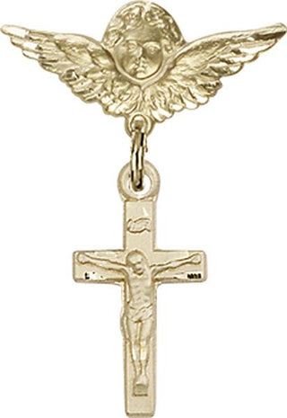 14kt Gold Small Angel w/Wings Crucifix Baby Badge