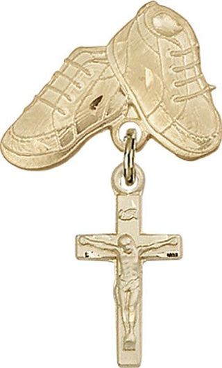 14kt Gold Baby Boots Crucifix Baby Badge