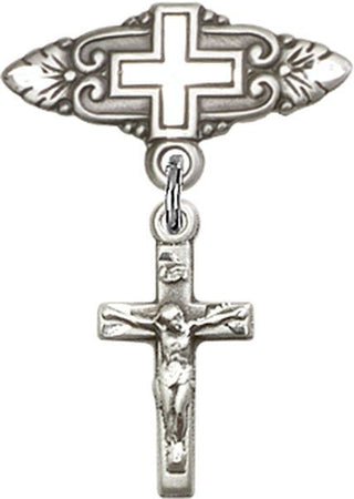 Sterling Silver Badge Pin With Cross Crucifix Baby Badge