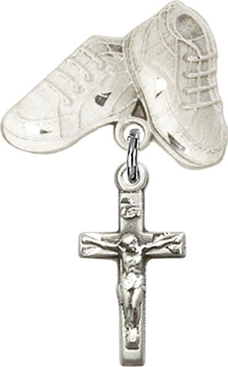 Sterling Silver Baby Boots Crucifix Baby Badge