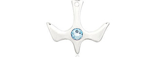 Sterling Silver Holy Spirit Pendant with a 3mm Aqua Swarovski stone on an 18-inch Sterling Silver Light Curb Chain