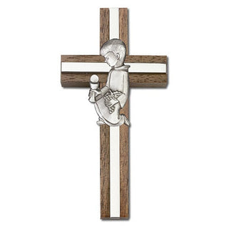 4 inch Communion Boy Cross, Walnut with Antique Silver inlay