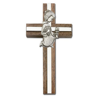 4 inch Communion Girl Cross, Walnut with Antique Silver inlay