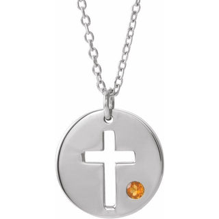 Sterling Silver Imitation Citrine Pierced Cross Disc 16-18" Necklace 