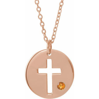 14K Rose Natural Citrine Pierced Cross Disc 16-18" Necklace