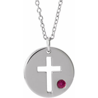 14K White Natural Ruby Pierced Cross Disc 16-18" Necklace