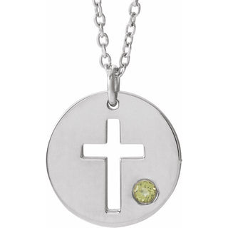 14K White Natural Peridot Pierced Cross Disc 16-18" Necklace