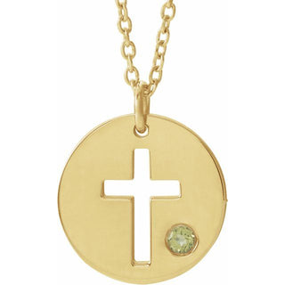 14K Yellow Natural Peridot Pierced Cross Disc 16-18" Necklace